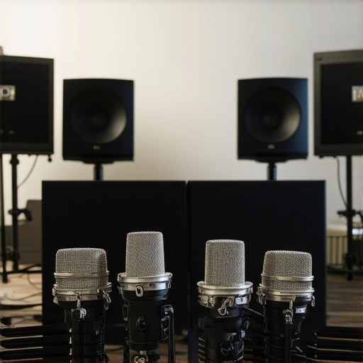 Multiple microphones and acoustic panels in a professional recording environment.