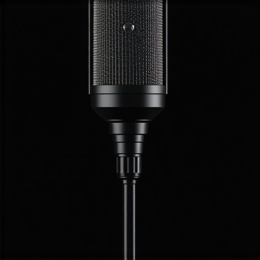 Futuristic microphone showcasing digital noise reduction and AI integration in a professional studio