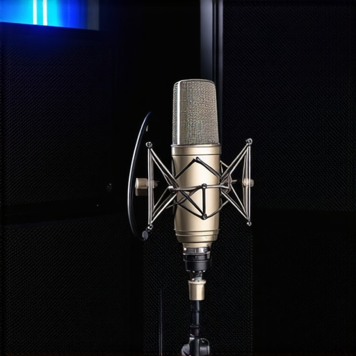 A professional home voice recording studio with microphone, pop filter, and acoustic panels for optimal sound quality.