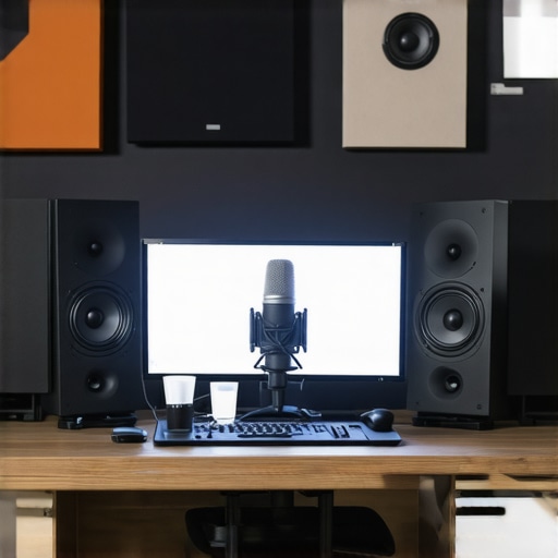 A professional microphone setup in a cozy, well-treated home studio