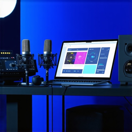 A modern studio with AI-enabled microphones, wireless systems, and innovative tech for high-quality voice recording