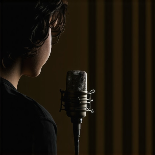 Sound engineer adjusting microphone in acoustically treated studio room