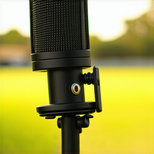 Outdoor professional shotgun microphone setup Shotgun microphone with windscreen and shock mount used outdoors by content creator