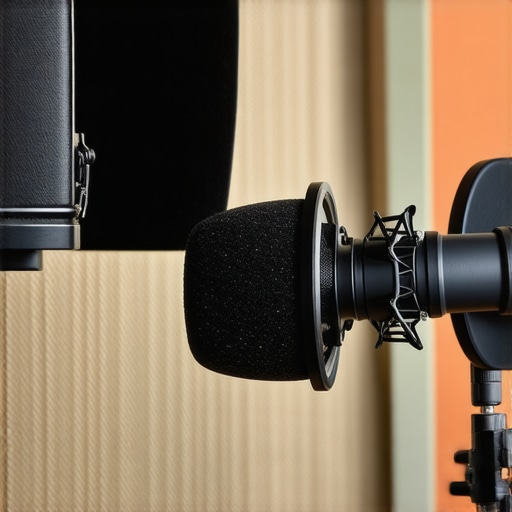 A home studio with microphone, pop filter, and acoustic foam panels for voice recording.