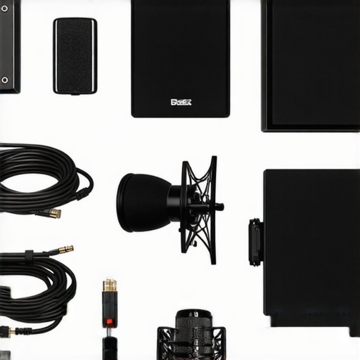 A well-maintained professional voice recording station with microphone, shock mount, and acoustic panels