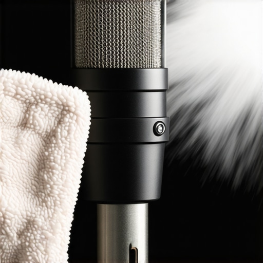 Person cleaning a microphone with microfiber cloth and compressed air in a studio setting.