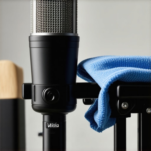 A person cleaning a professional microphone with a cloth and small brushes, showing maintenance process