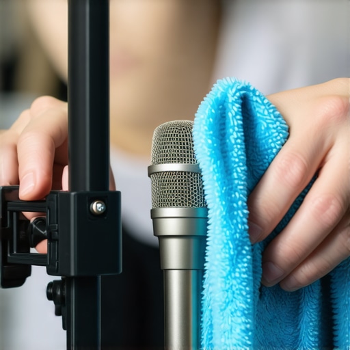 Person cleaning a microphone with a microfiber cloth in a studio environment