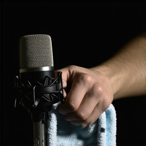 Person cleaning a microphone with a microfiber cloth in a studio setting