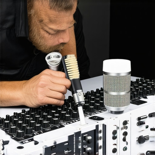 Audio technician cleaning microphone equipment with tools in a professional studio.
