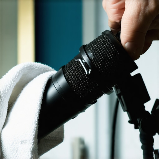 Person cleaning a microphone with a cloth in a professional recording studio.