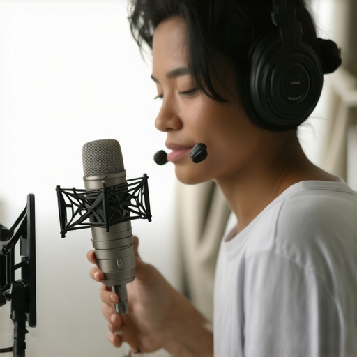 Adjusting Microphone Setup A person adjusting microphone placement and acoustic treatment in a home studio environment.