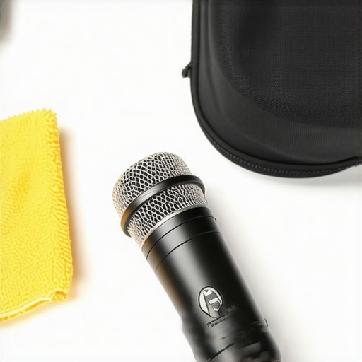 Person cleaning a professional microphone with a microfiber cloth to ensure optimal audio quality