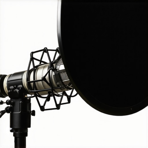 Optimal Microphone Placement for Voice Recording Professional microphone with pop filter positioned for high-quality voice recording