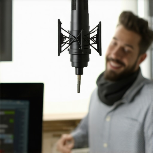 Person adjusting microphone on boom arm in a well-treated recording space.