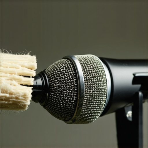 A person cleaning a professional microphone with a soft brush in a studio setting.