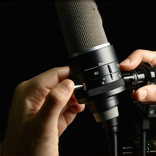 Microphone Maintenance Close-up Person cleaning a professional microphone with a specialized tool in a tidy studio environment.