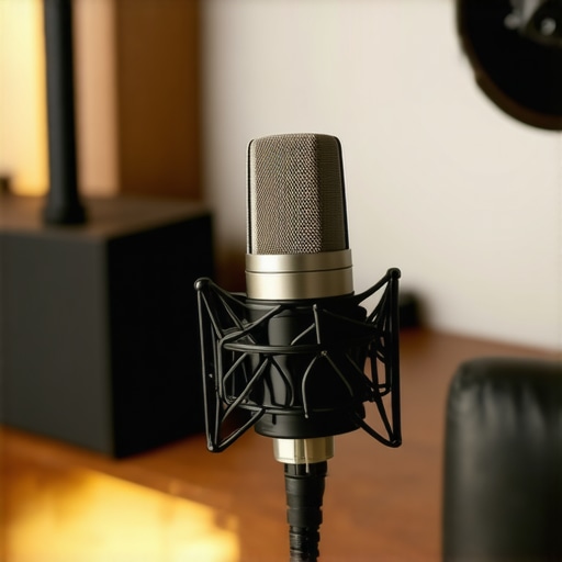 A shotgun microphone directed toward a person's mouth during a studio recording session.