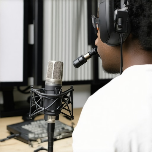 Person adjusting a USB microphone at their desk with soundproof panels.