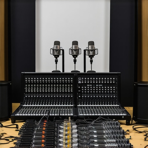 A tidy recording studio with shielded XLR microphones positioned close to sources, cables organized, and acoustic treatment.