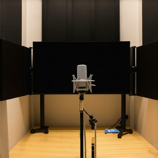 Clean and well-treated recording studio with microphone and acoustic panels