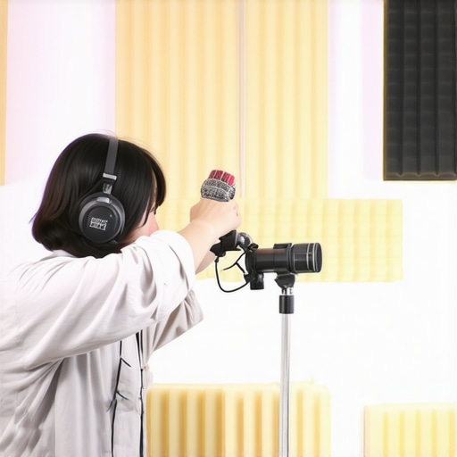 Optimizing Microphone Placement Person adjusting microphone position in a home studio for better audio quality.