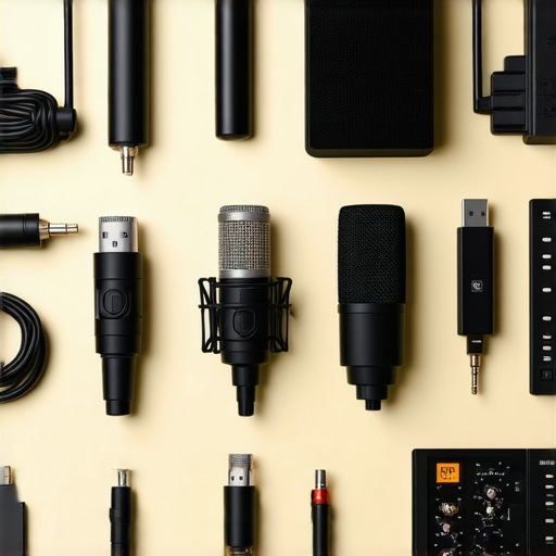 Organized podcast recording setup with microphones and accessories A clean, professional podcast recording station featuring XLR and USB microphones, audio interface, and organized cables.