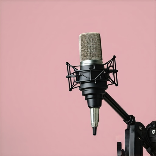 Shotgun microphone mounted on a boom arm pointing towards a voice artist in a home studio