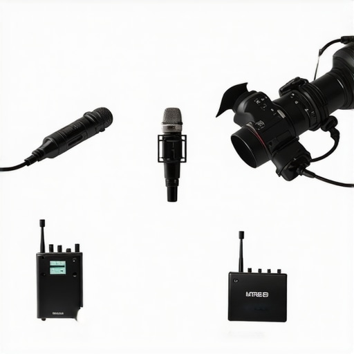 Photographer configuring a wireless microphone system with transmitters and receivers in a studio environment.
