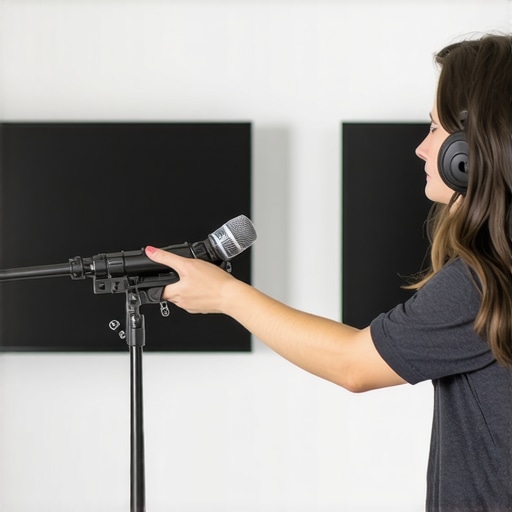 Person positioning a shotgun mic in a home recording studio for noise suppression