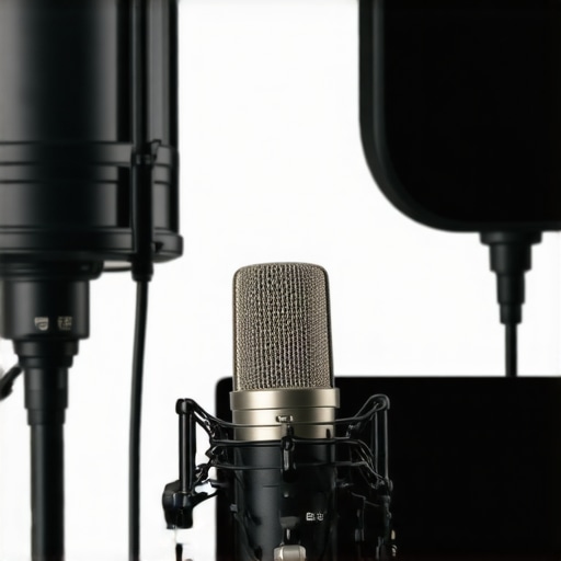 Professional microphone setup with reflection filter and audio gear in a studio