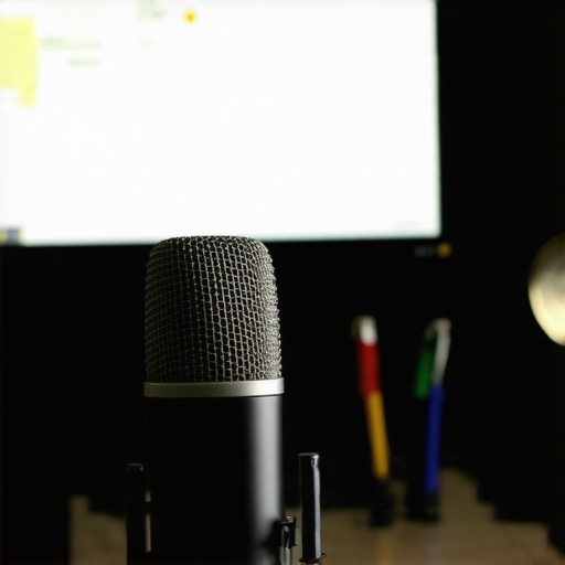 A technician's hand lubricating a professional microphone's moving joints with a drop of silicone lubricant, with tools and update screens in the background.