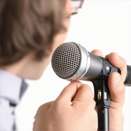 Technician inspecting and cleaning a professional XLR microphone in a studio environment.