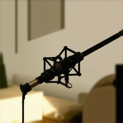Optimal Microphone Setup for High-Pressure Vocals A home studio with a shotgun mic mounted on an adjustable arm, ready for recording loud vocals.