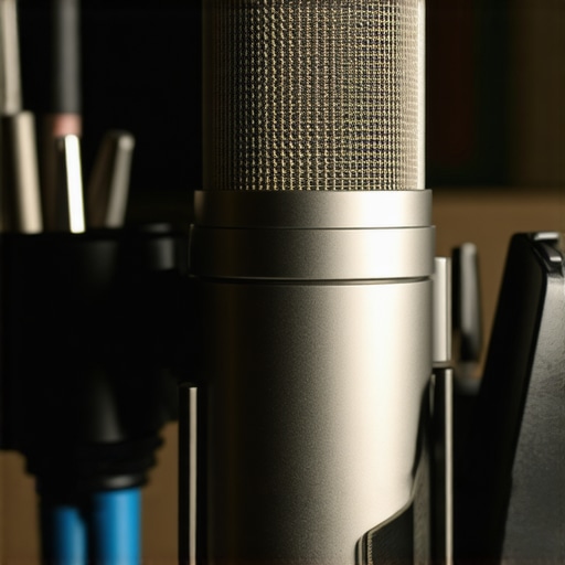 Close-up of a person inspecting a microphone with diagnostic tools