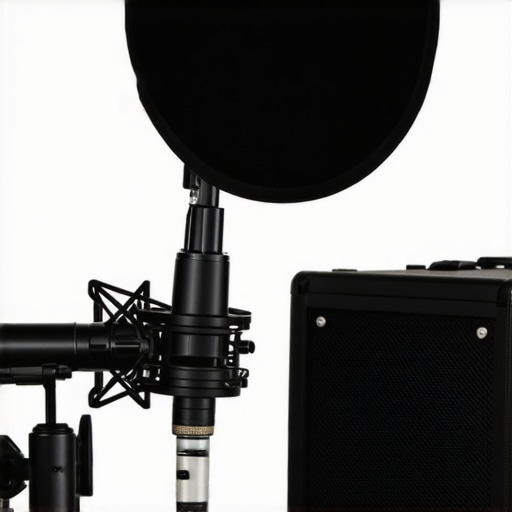 Shotgun Mic Setup in Home Studio Close-up of shotgun microphone with shock mount and windscreen aimed at speaker in home studio.