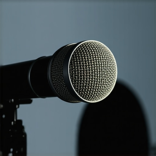 A shotgun microphone mounted on a boom arm directed towards a person speaking in a recording studio.