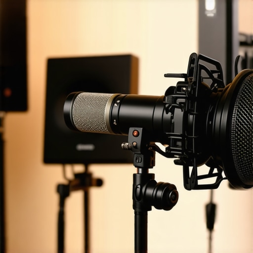 A shotgun mic correctly positioned close to a voice source in a professional recording setup.