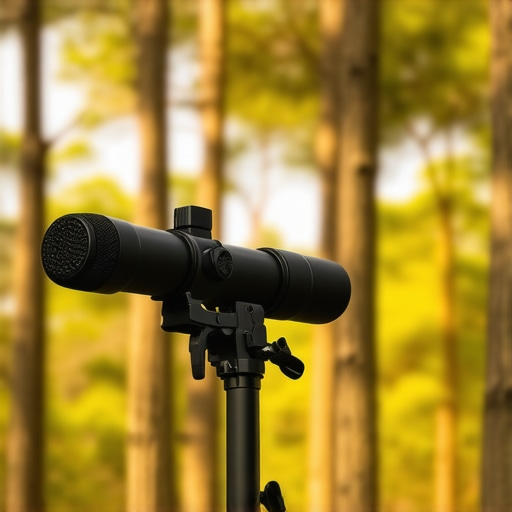 Outdoor Shotgun Microphone Setup Shotgun microphone with windscreen mounted outdoors in a natural setting.